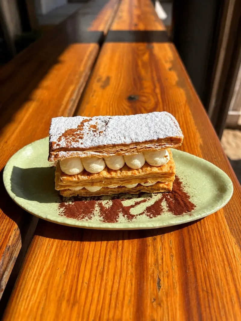 A slice of millefeuille on a green plate on a sunlit wooden table