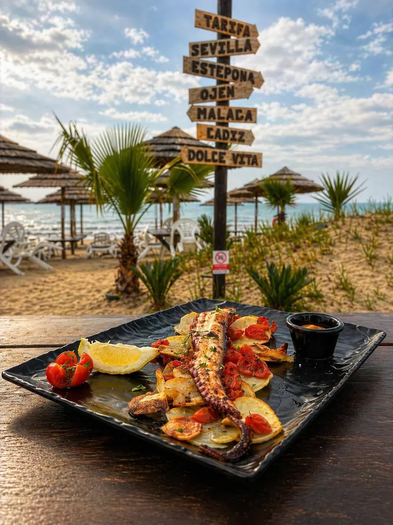 Grilled octopus with potatoes, the beach signpost behind