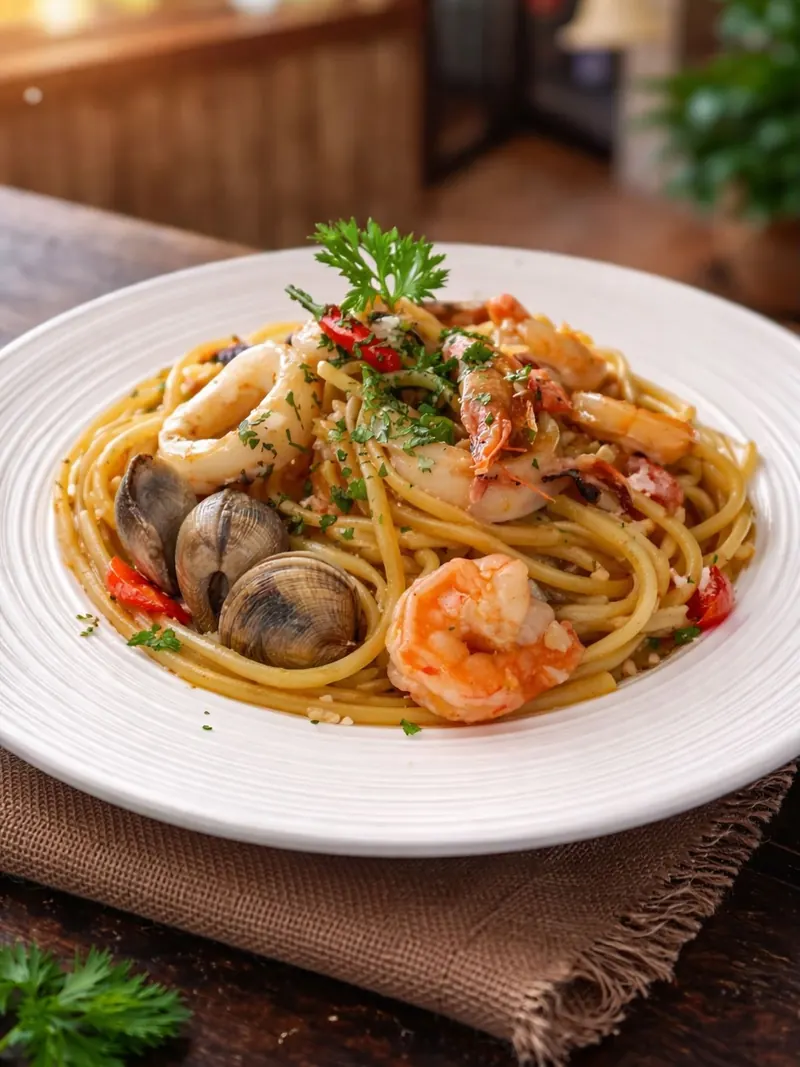 Seafood tagliolino with prawns, clams and squid